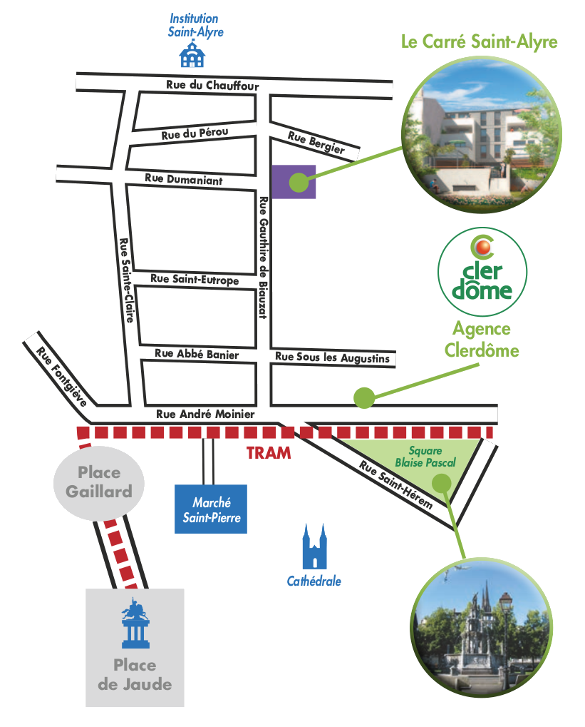 Plan d'accès à la résidence le Carré Saint-Alyre, rue Gauthier de Biauzat
