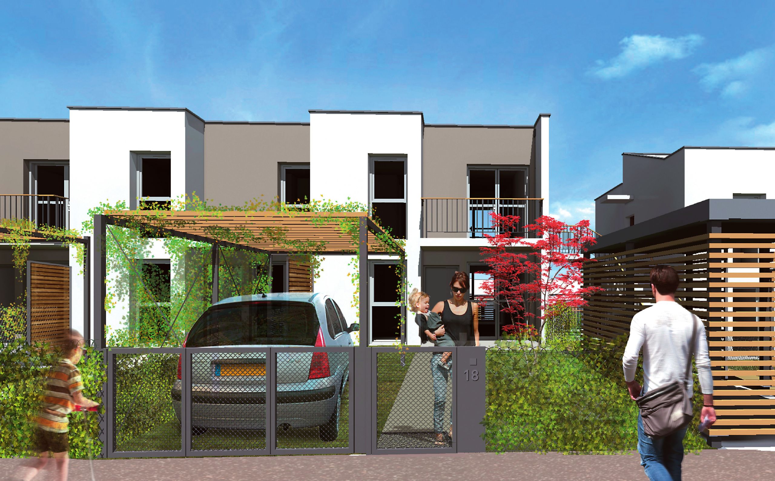 Vue d'artiste, exemple de logement, entrée sur voirie, emplacement privatif de parking